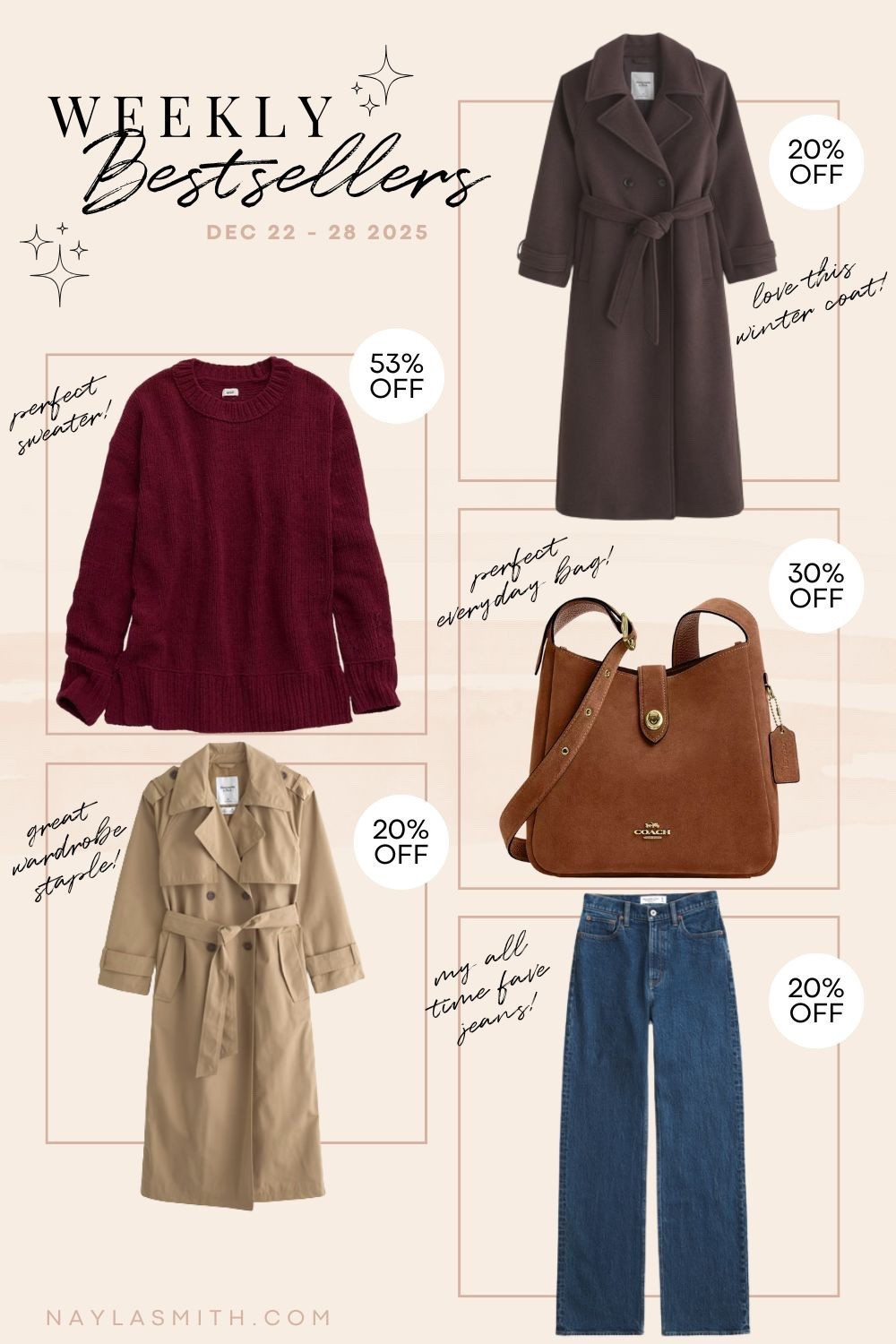 Weekly Bestsellers Dec 22-28 • super soft chenille sweater (I wear L), chocolate brown wool winter coat (I wear L), my suede Coach shoulder bag I’ve been wearing on repeat, my all time fave jeans (I wear 32), and classic tan trench coat (I wear L)


#LTKsale #LTKbag #LTKwinter