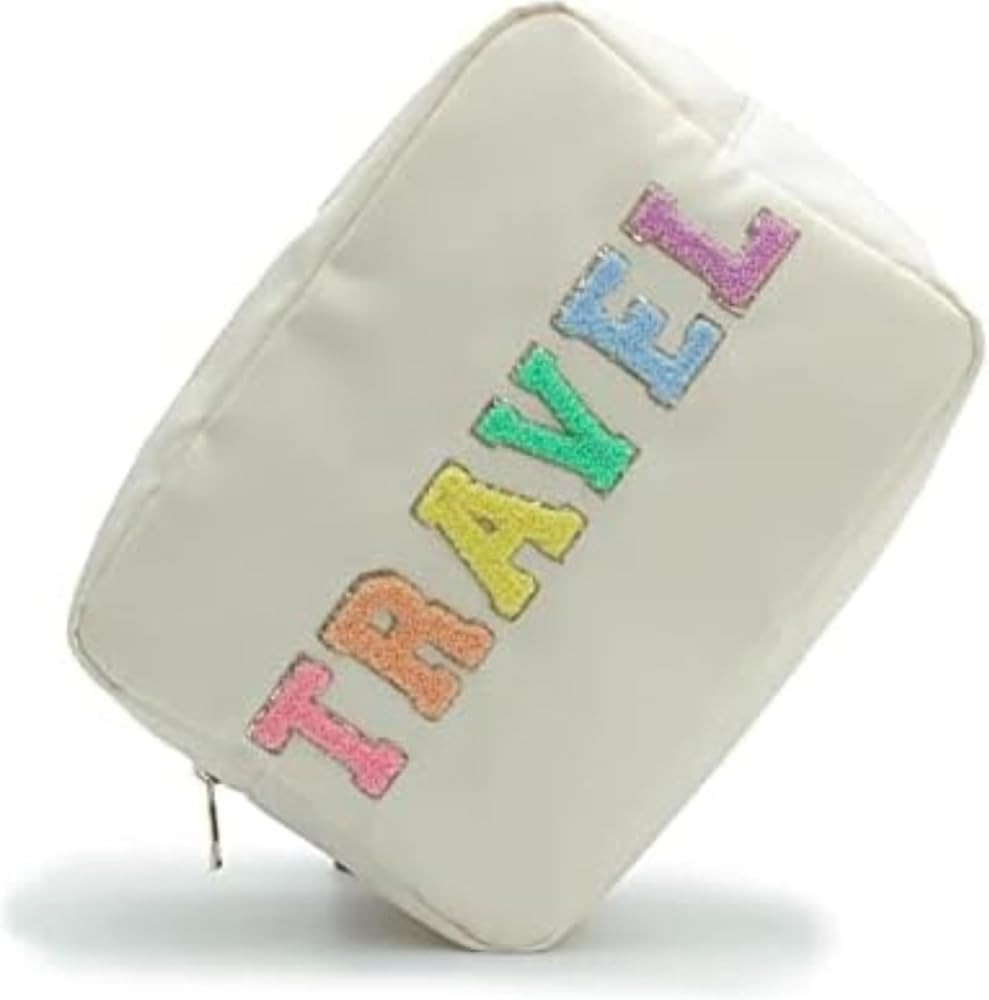 DUPER Preppy Travel Makeup Bag Organizer with Chenille Letter Patch - White Nylon Water Resistant... | Amazon (US)