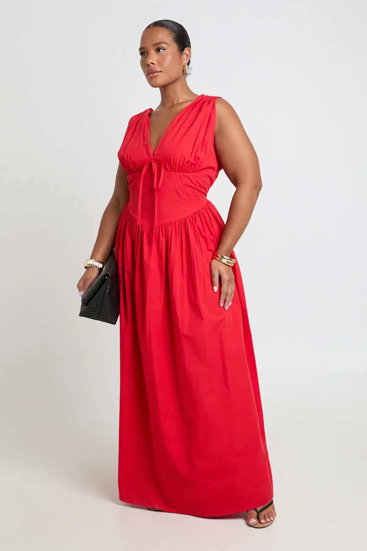 Red Plus Cotton Poplin Deep V Cinched Waist Detail Maxi Dress | Boohoo USA | boohoo (US & Canada)