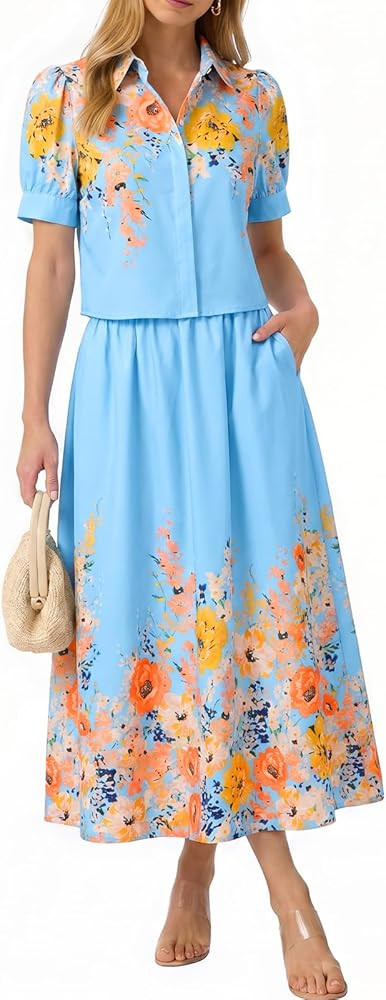 Tankaneo Womens 2 Piece Floral Skirt Sets Puff Sleeve Blouse and Elastic Waist Matching Set Vacation Outfits | Amazon (US)