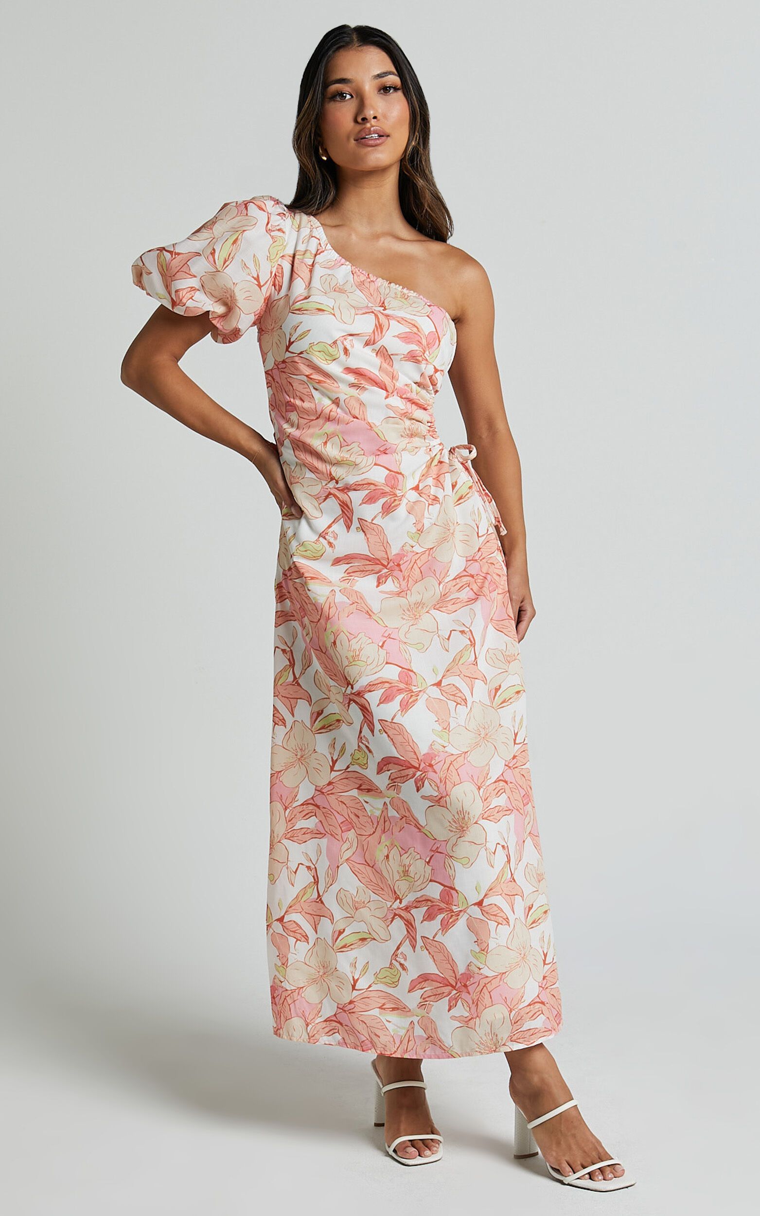 Amisha Midi Dress - One Shoulder Puff Sleeve Side Cut Out Dress in Floral Print | Showpo (US, UK & Europe)