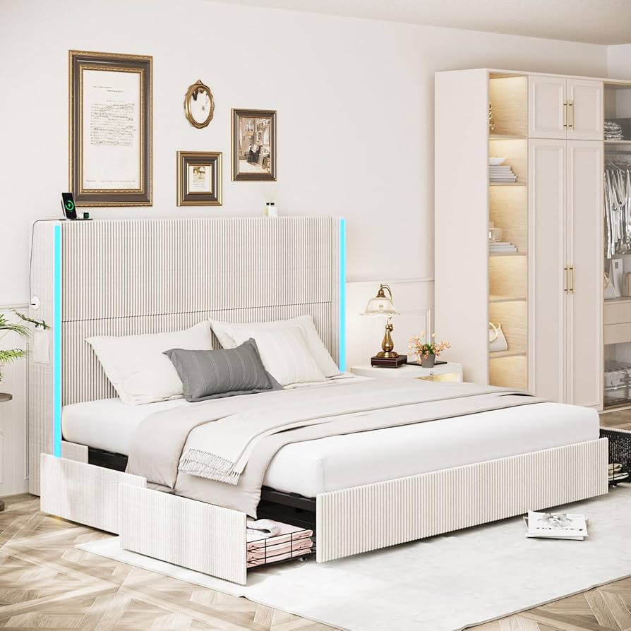King Size Bed Frame with 4 Storage Drawers and LED Lights,Upholstered King Bed Frame with Headboa... | Amazon (US)