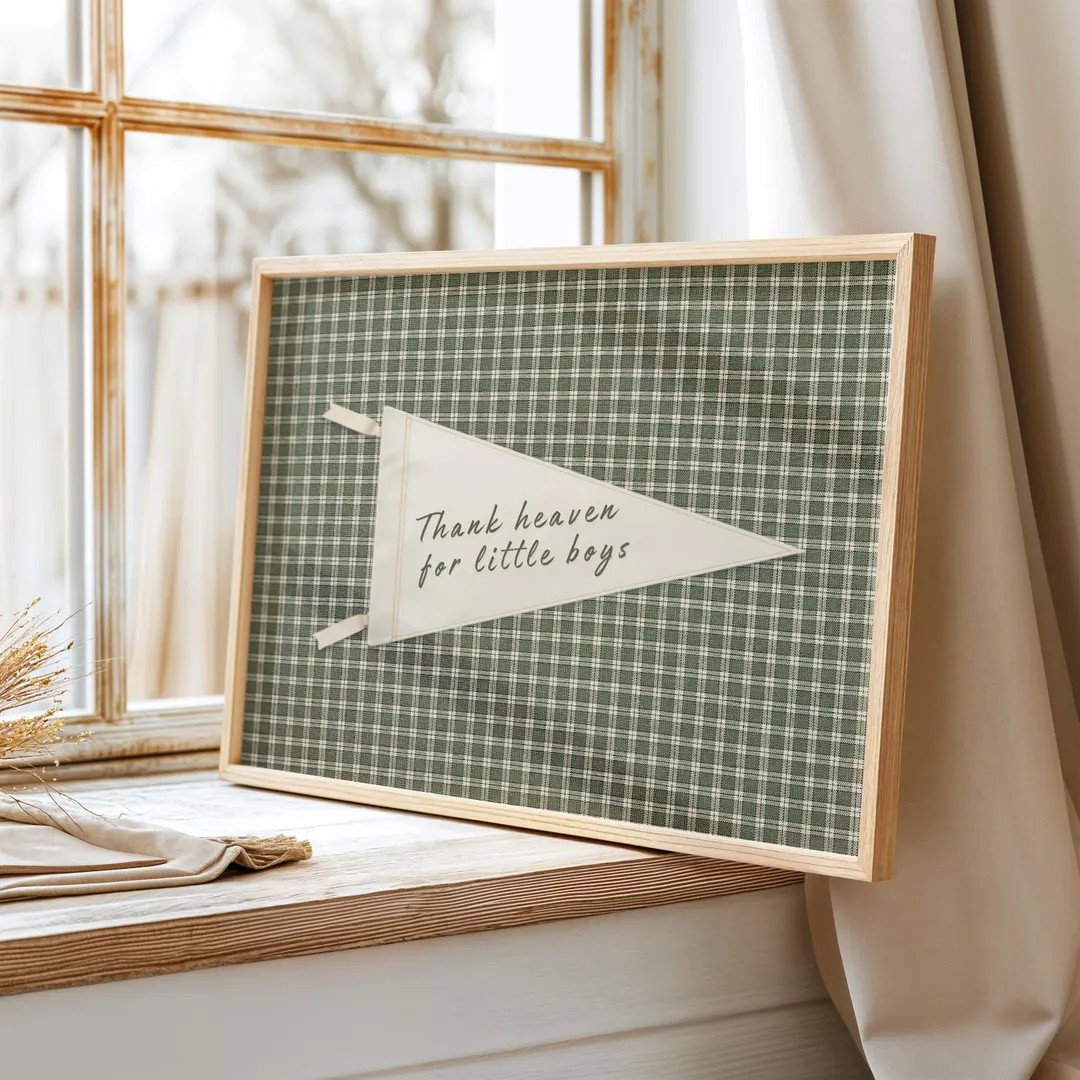 Thank Heaven for Little Boys Print, Boy Nursery Wall Art, Vintage Quote Poster, Sage Green Gingha... | Etsy (US)