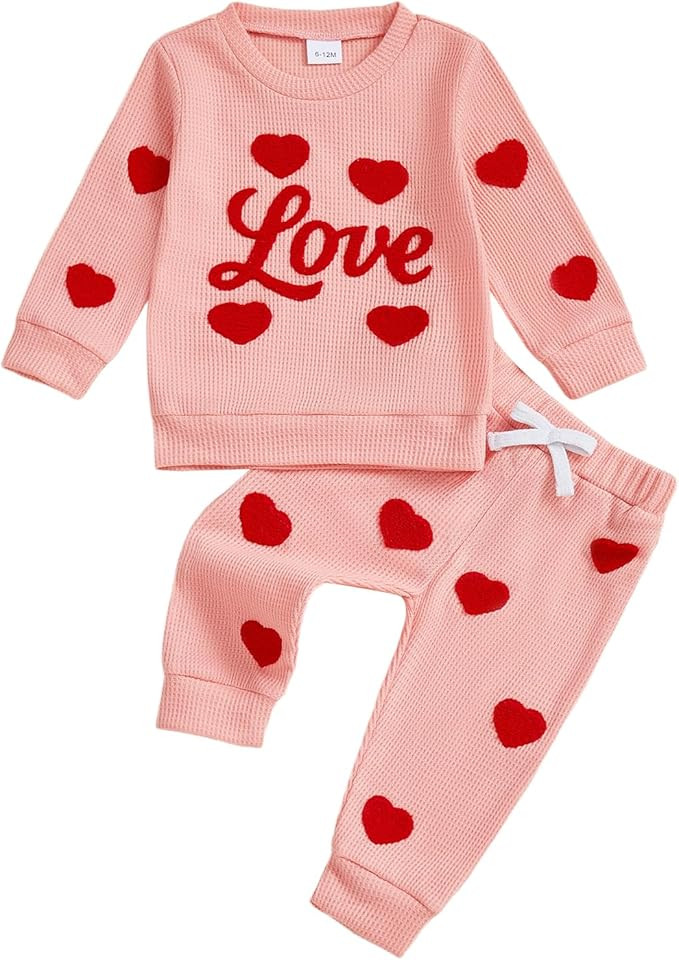 GOOCHEER Toddler Baby Girl Valentines Day Outfit Love Heart Embroidery Waffle Long Sleeve Sweatsh... | Amazon (US)