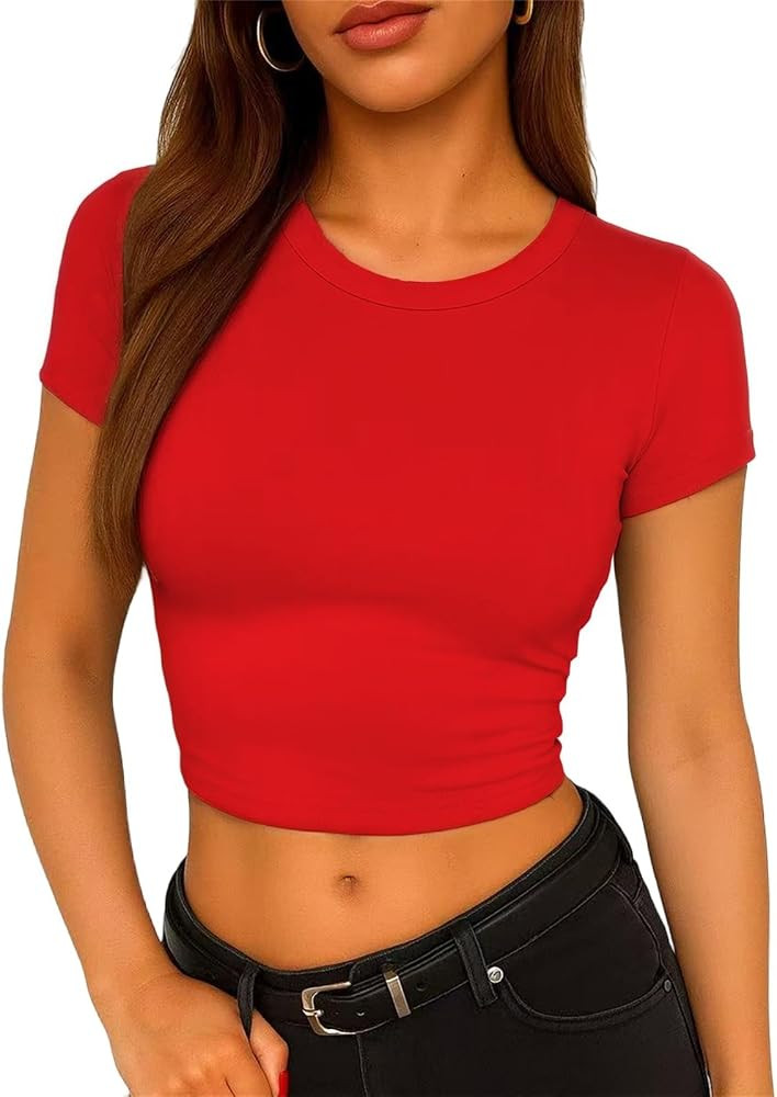 ForeFair Women's Casual Going Out Crop Tops Crew Neck Slim Fit Short Sleeve Basic Tight T Shirts | Amazon (US)