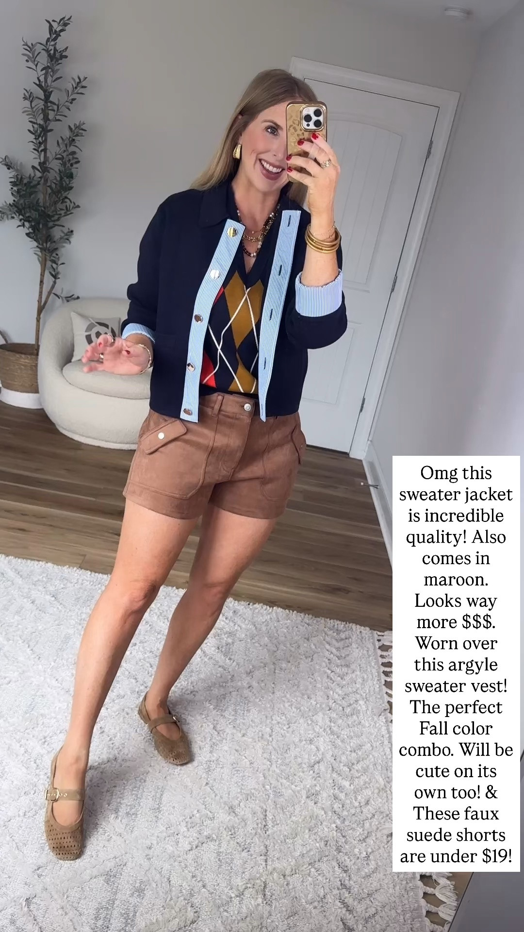 Sweater jacket, argyle sweater vest and faux suede shorts

#LTKootd