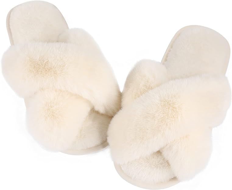 Black Grey White Fuzzy Slippers for Women Ankis Cross Band Cozy Memory Foam Slippers for Women Pl... | Amazon (US)