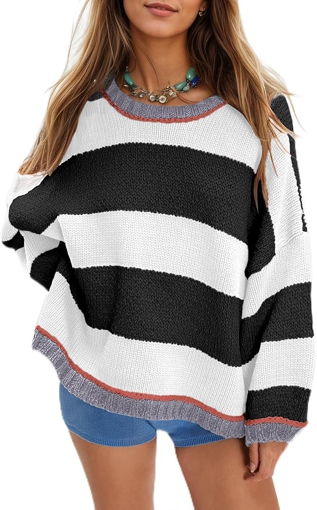 Women's Chunky Knit Striped Sweaters Casual Long Sleeve Crew Neck Oversized Pullover Sweater Wint... | Amazon (US)