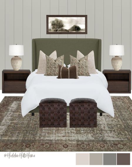 Bedroom decor, bedroom design ideas, green upholstered Tilly bed, home decor, bedroom inspiration, master bedroom mood board #bedroom
Wall color is SW Aloof Gray

#LTKsalealert #LTKstyletip #LTKhome