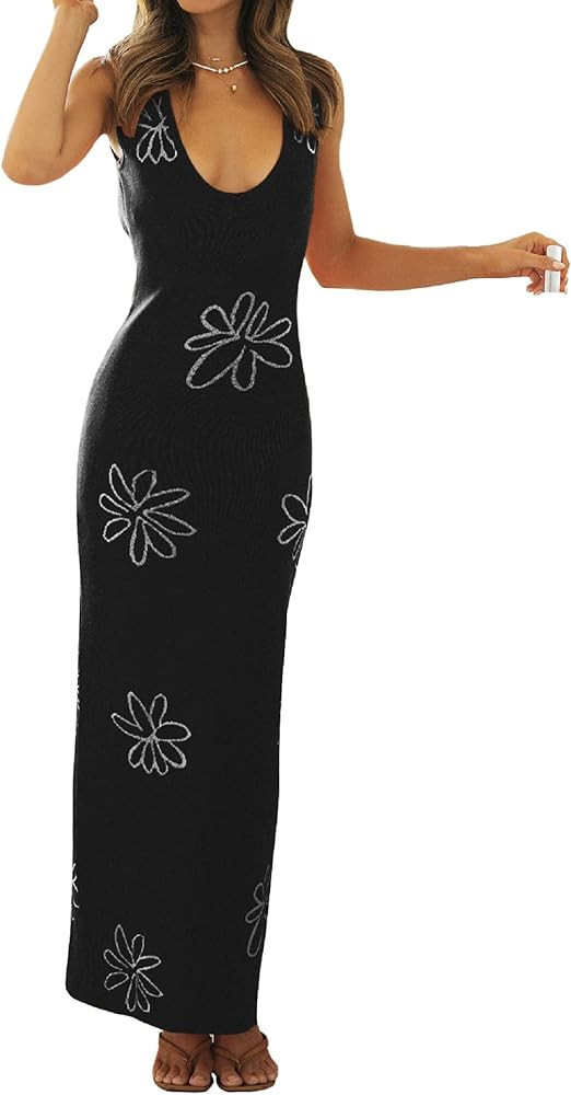 ROAONOCOMO Women Crochet Knit Maxi Dress Y2K Hollow Out Bodycon Long Dress Halter Neck Open Back ... | Amazon (US)
