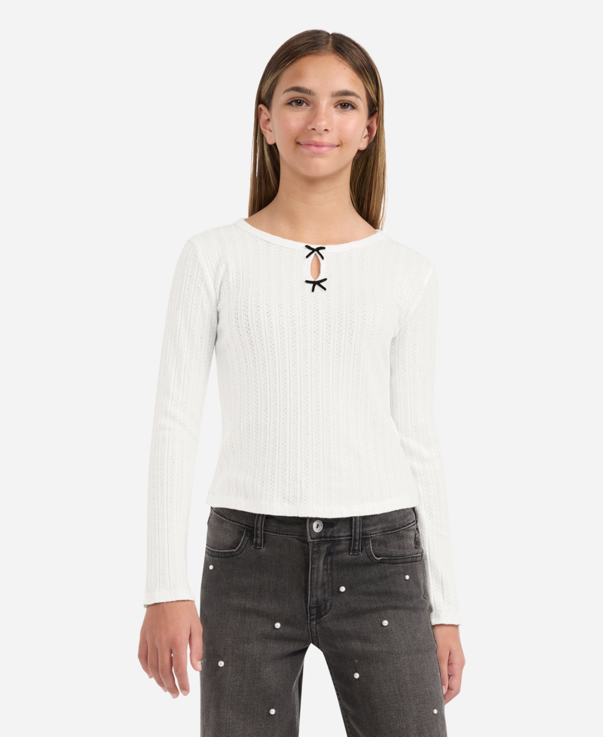 abercrombie kids Girls Double Bow Pointelle Long Sleeve Top - Jet Stream | Macy's