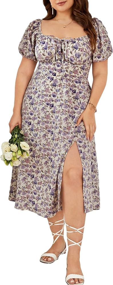 Floerns Women's Plus Size Floral Print Tie Front Square Neck Slit Hem Midi Dress | Amazon (US)