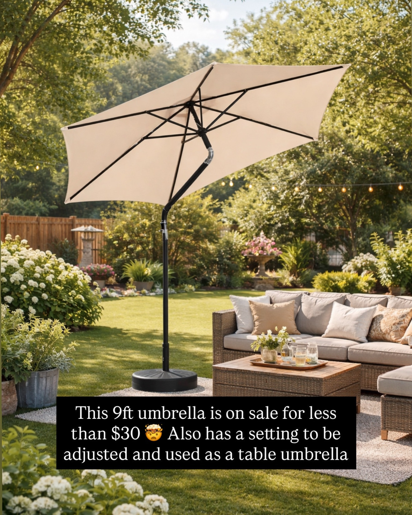 Giant umbrella for less than $30! 

patio furniture. umbrella. patio refresh. summer. spring. outdoor furniture. 