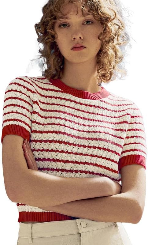 Women's Short Sleeve Striped Sweaters Tops Crew Neck Knit Casual Soft Pullover Shirt | Amazon (US)