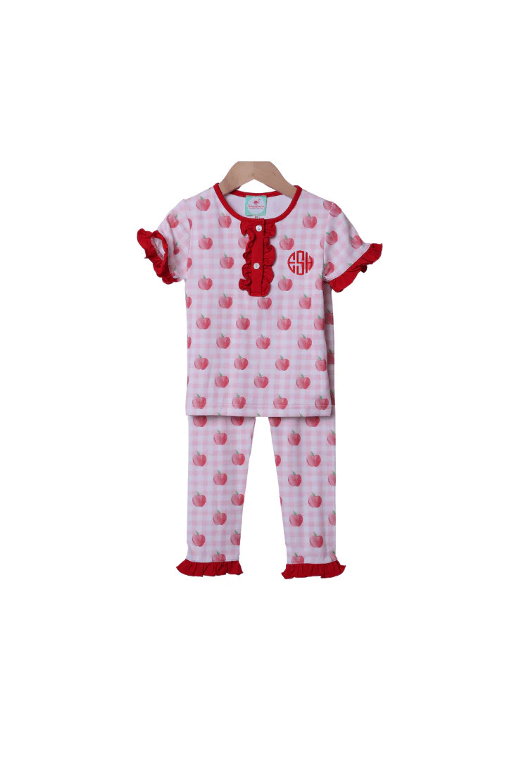 Pink Gingham Apple Knit Ruffle Pajamas | The Smocked Flamingo