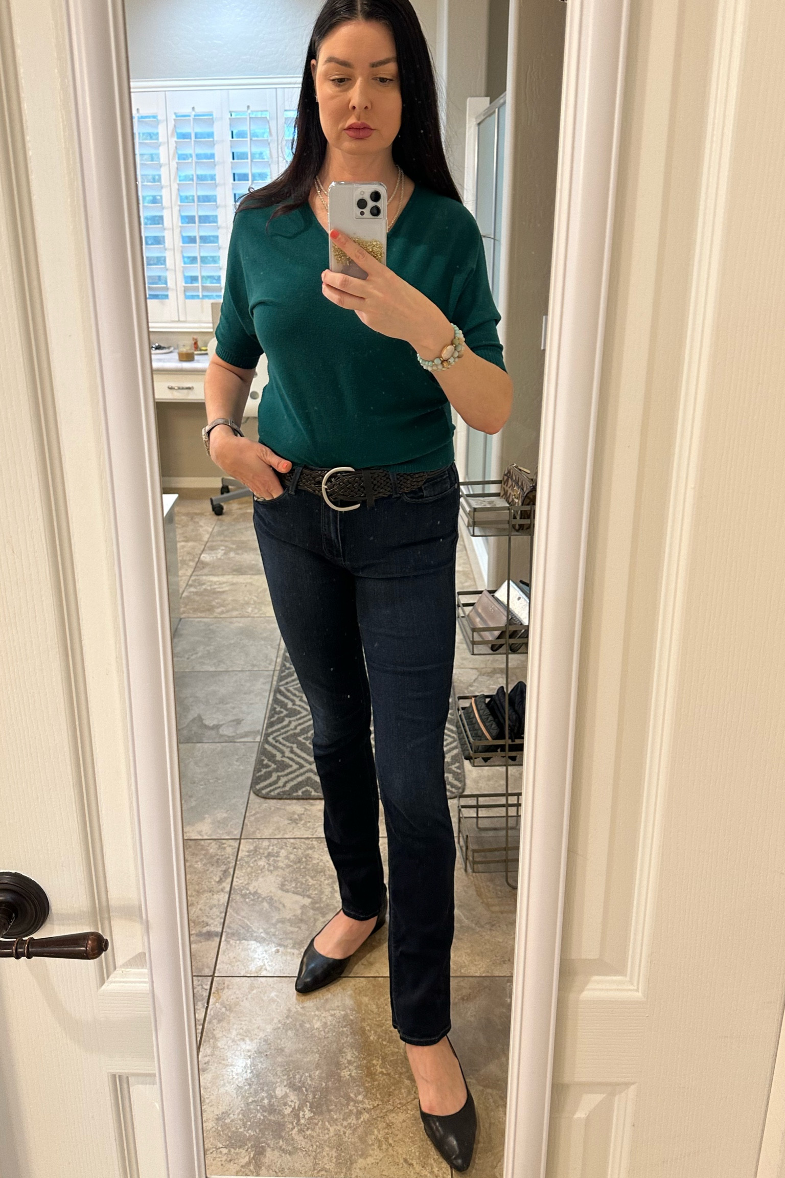 Green sweater, Levi jeans black flats. 

#LTKFind #LTKstyletip #LTKbeauty
