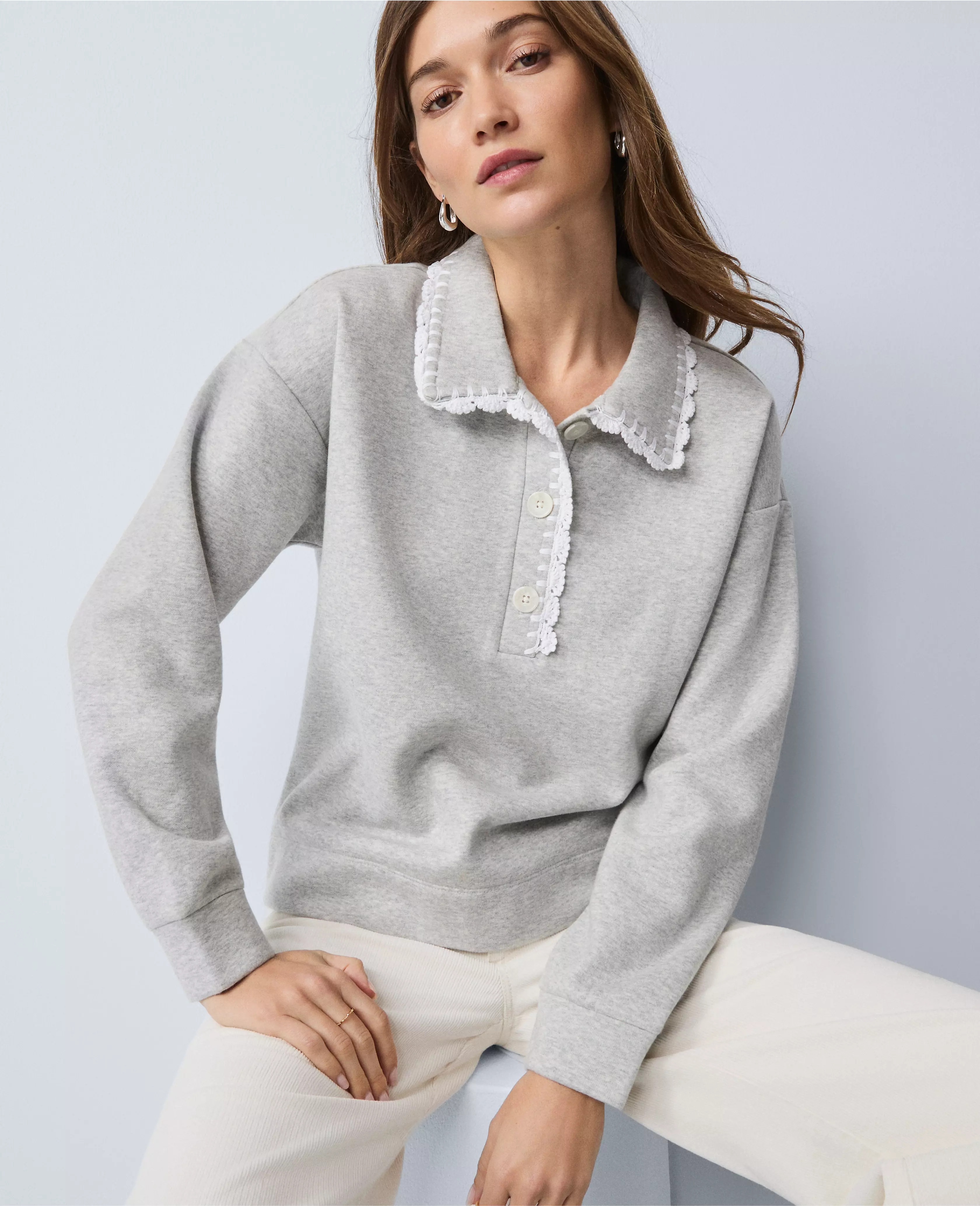 Weekend Collection Crochet Trim Collared Sweatshirt | Ann Taylor