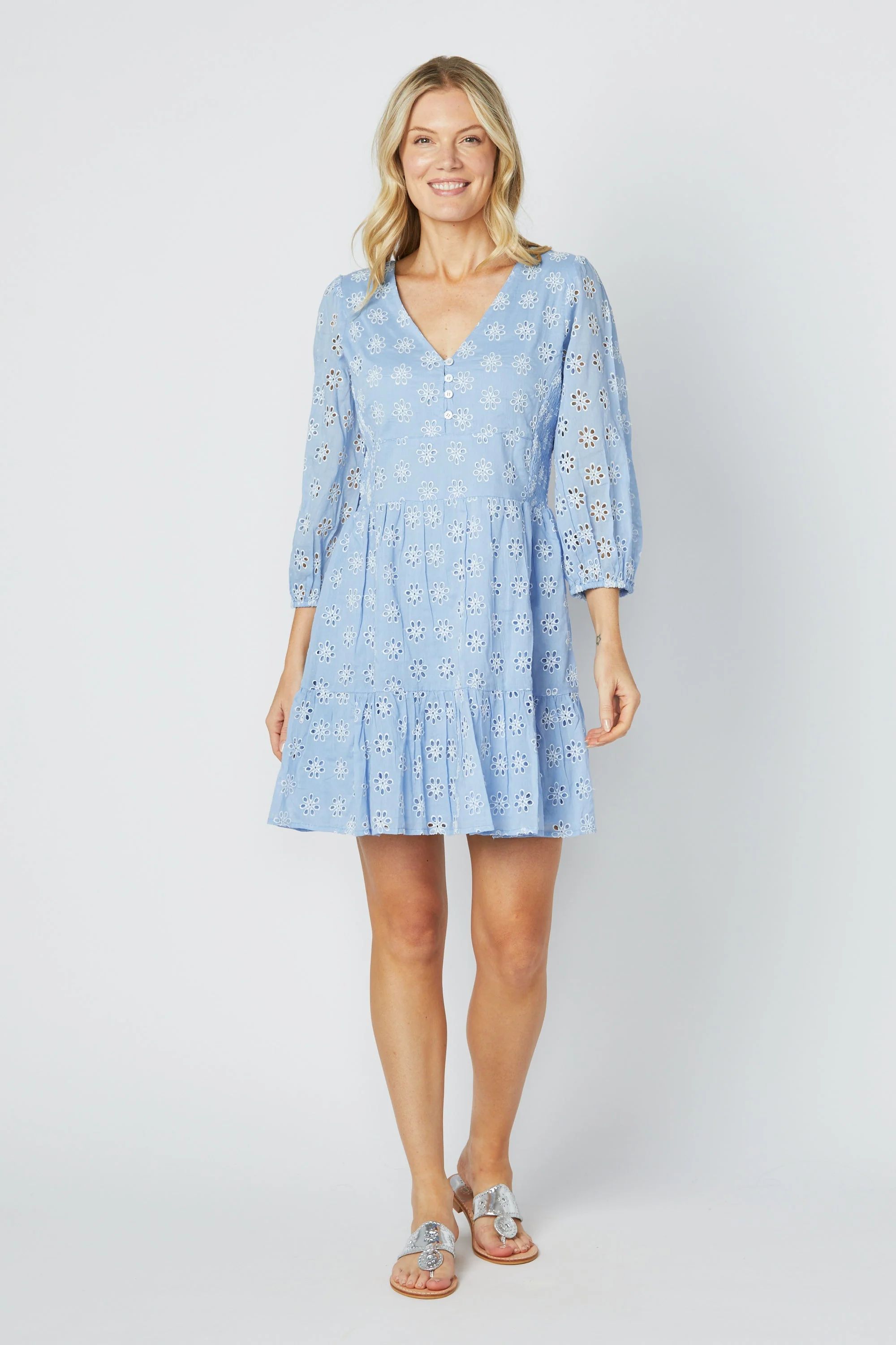 Floral Eyelet Button Front Puff Sleeve Dress | Sail to Sable