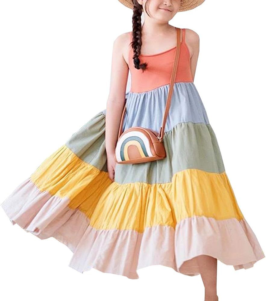 Toddler Baby Girl Summer Boho Rainbow Stripe Spaghetti Strap Beach Sun Dress | Amazon (US)