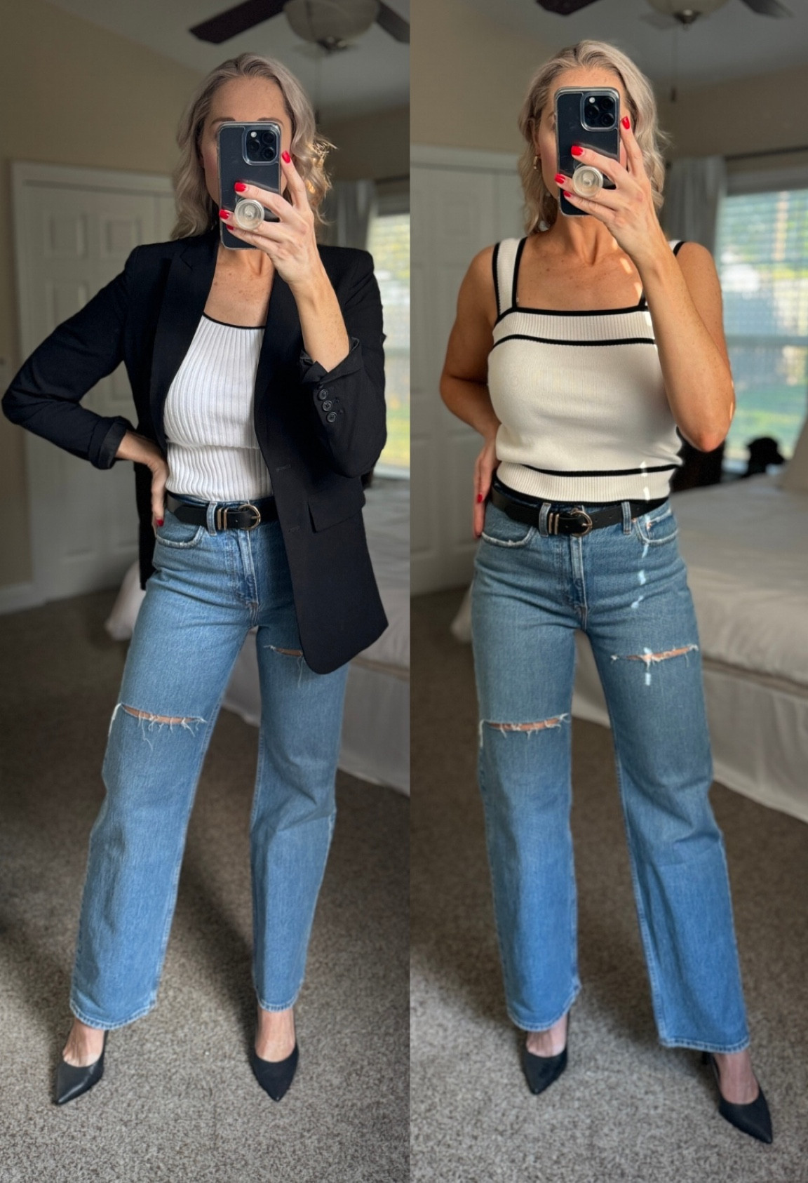 Business casual to elevated casual all in one outfit. I love versatile pieces. 

#capsulewardrobe #elevatedoutfit #jeans #workwear 