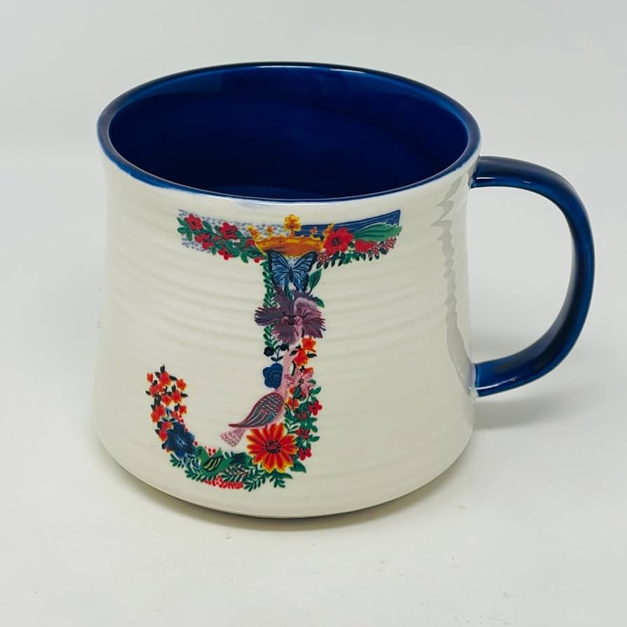 Nathalie Lete Anthropologie Initial J Ceramic Mug Hand Painted Floral Rabbit White Blue Monogram ... | Amazon (US)