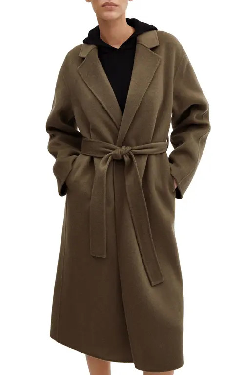 MANGO Wool Blend Wrap Coat in Khaki at Nordstrom, Size Medium | Nordstrom
