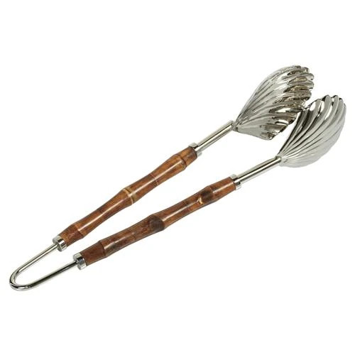 Fleur Coastal Beach Silver Stainless Steel Brown Bamboo Handle Serving Tong | Kathy Kuo Home