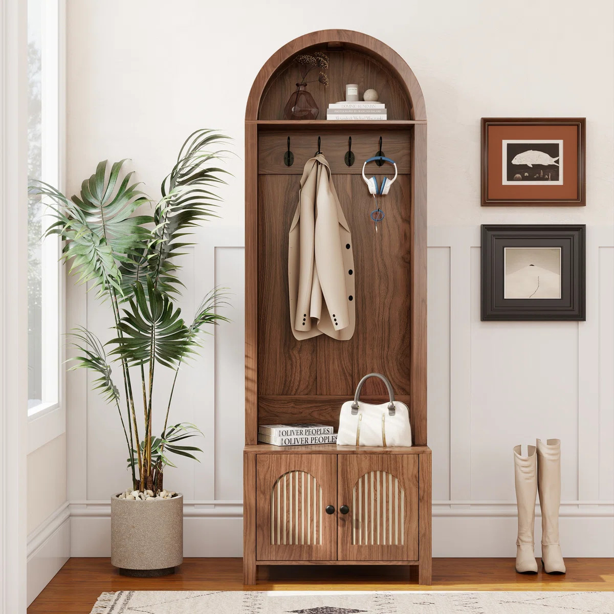 Arch Hall Tree With Bench And Shoe Storage, 4-in-1 Coat Rack With 4 Hooks And 2 Fluted Doors | Wayfair North America