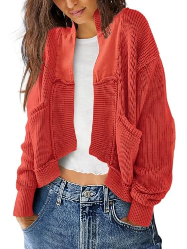 SENSERISE Womens Cardigan Sweaters Chunky Cable Knit Sweater Open Front Long Sleeve Outerwear Coats Fall Outfits(Tangerine Orange,M) | Amazon (US)