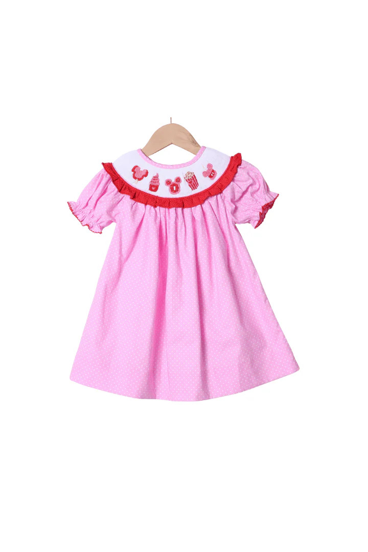 Smocked Sweet Treats Mouse Pink Polka Dot Bishop Dress | The Smocked Flamingo