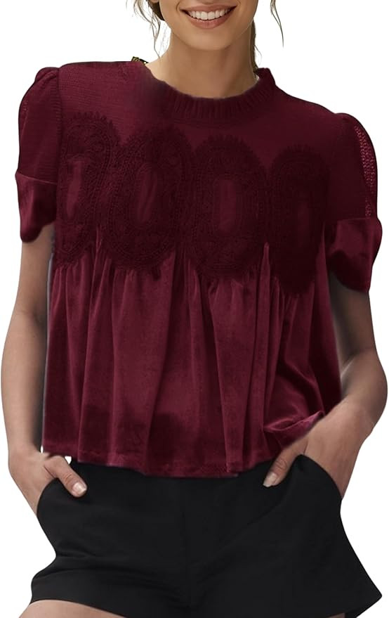 Gozoloma Women's Velvet Lace Blouse Casual Round Neck Short Sleeve Flared Swing Top Elegant Loose... | Amazon (US)