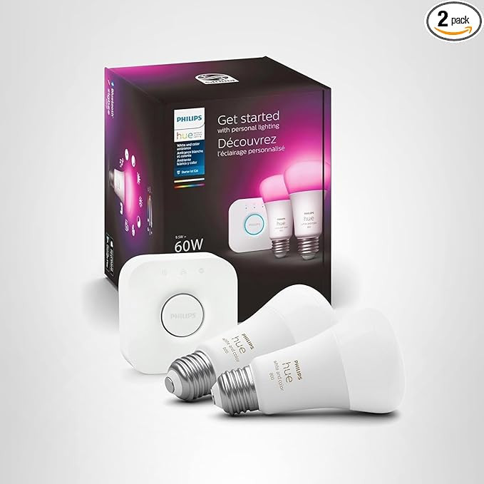 Philips Hue Smart Light Bulbs Starter Kit, Includes (1) Bridge, (2) 60W A19 Bulbs, White and Colo... | Amazon (US)