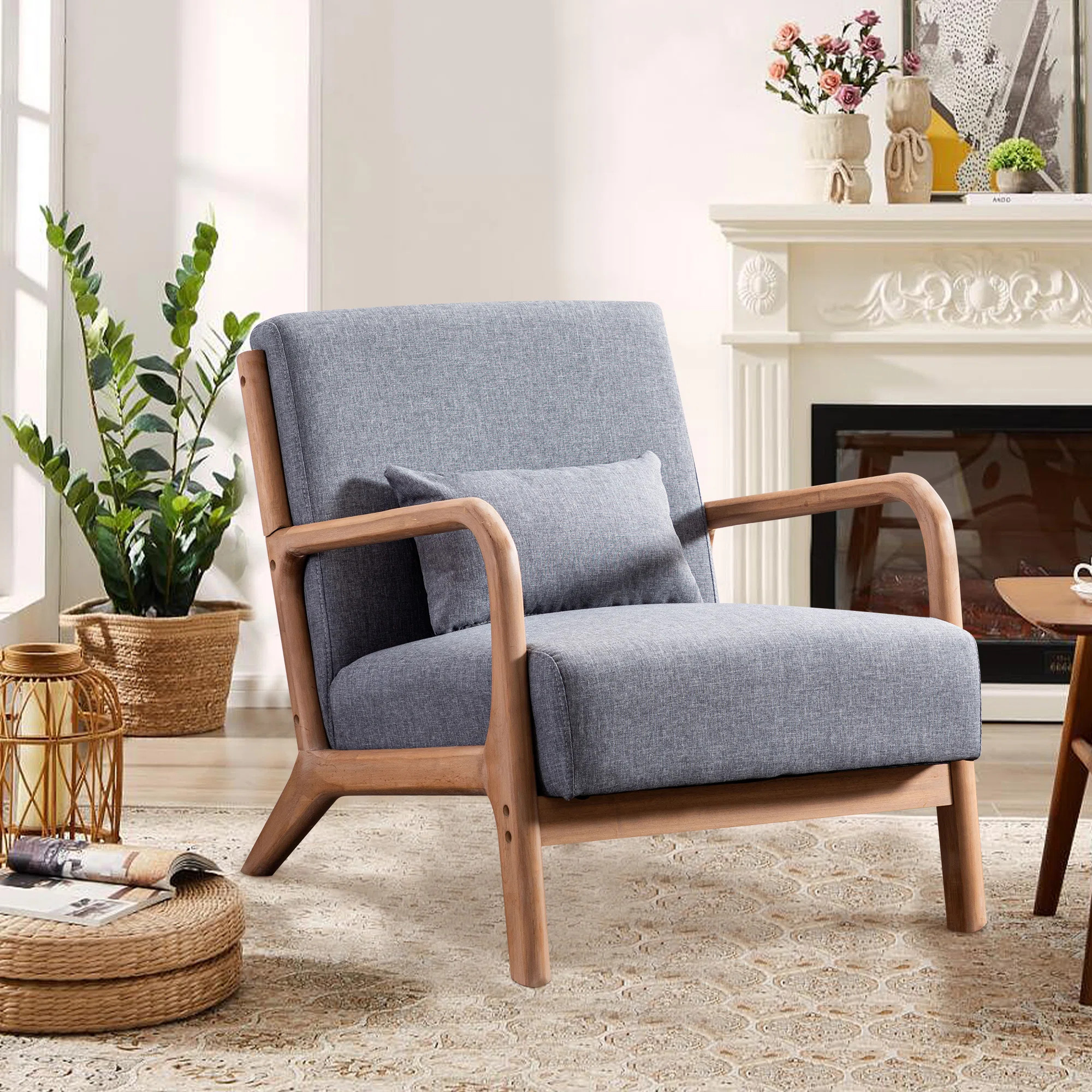 Hertford 26" Wide Upholstered Linen Blend Accent Chair with Wooden Legs and One Pillow | Wayfair North America
