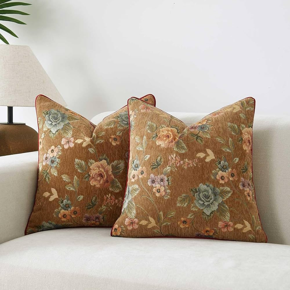 JUSPURBET Boho Floral Pillow Covers 20x20 Inch Set of 2 Chenille Throw Pillow Covers with Piping ... | Amazon (US)