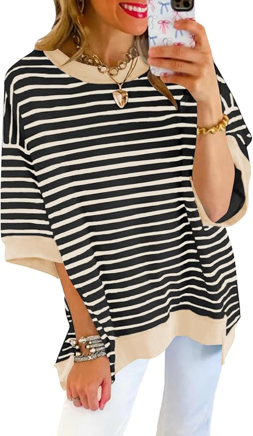 Poetsky Womens Oversized Tops Casual Short Sleeve Striped Shirts Summer Crewneck Pullover Sweatsh... | Amazon (US)