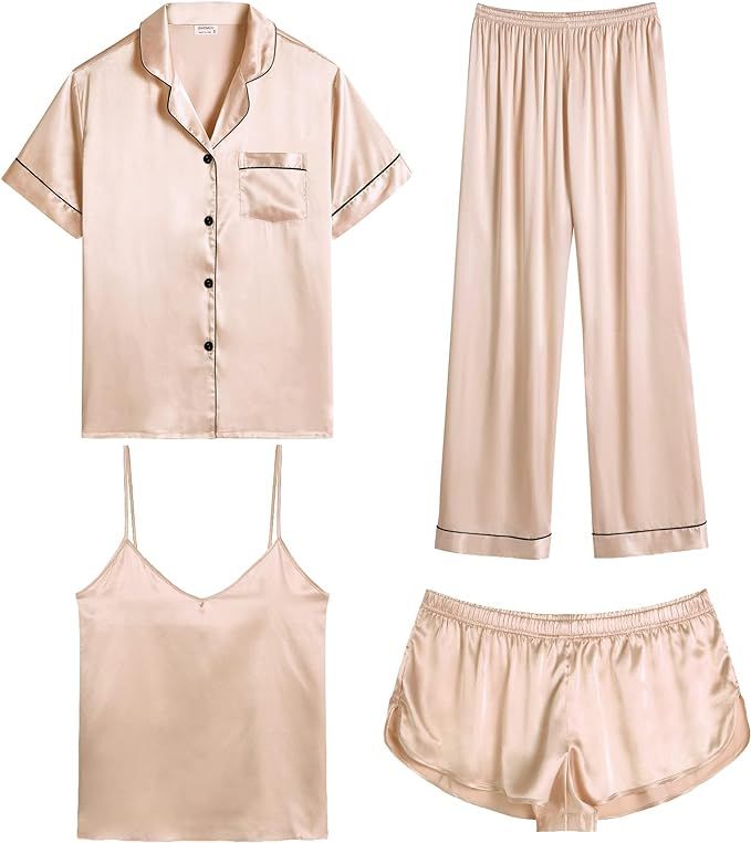SWOMOG Womens 4pcs Pajamas Sets Silk Satin Sleepwear Sexy Cami with Button Down Short Sleeve Shir... | Amazon (CA)