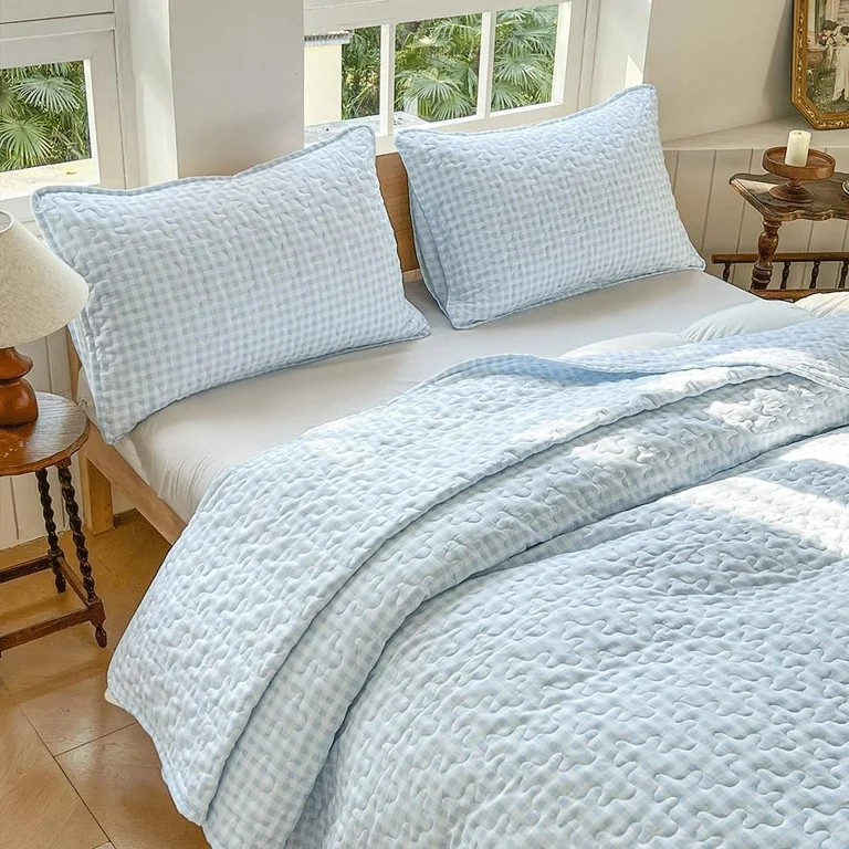Light Blue Gingham King Quilt Set, Soft Pre-Washed Microfiber Blue Plaid King Bedspread, Lightwei... | Walmart (US)