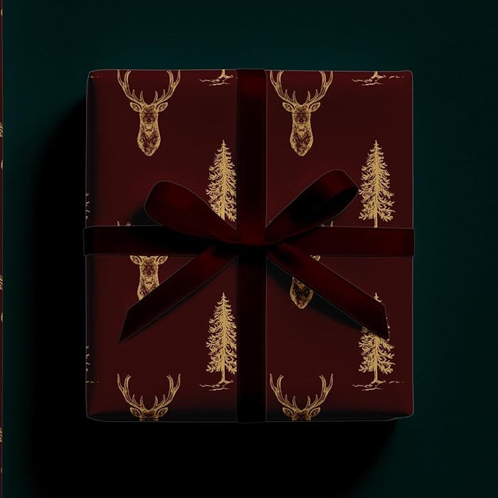 Luxury Wrapping Paper, Christmas Reindeer Kraft Wrap Paper, Bulk Gift Wrap Roll, Dark Red Wine Wr... | Amazon (US)