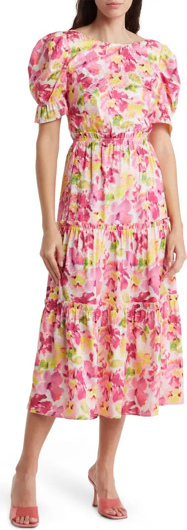 Floral Puff Sleeve Smocked Open Back Midi Dress | Nordstrom Rack