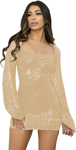 CWOAPO Long Sleeve Sequin Homecoming Dresses for Teens Tight Sparkly Short Prom Dresses Square Ne... | Amazon (US)