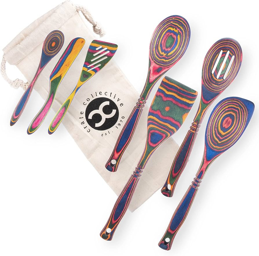 Exotic Pakkawood 7-Piece Kitchen Utensil Set with Spoon, Slotted Spoon, Spatula, Corner Spoon, Sm... | Amazon (US)