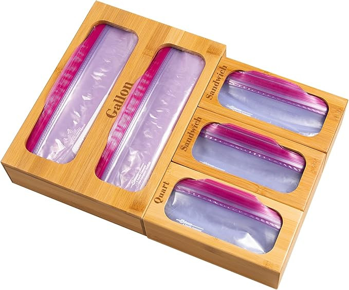 Bamboo Ziplock Bag Storage Organizer for Drawer, 5 Pcs Food Bag Storage Organizer and Dispenser C... | Amazon (US)