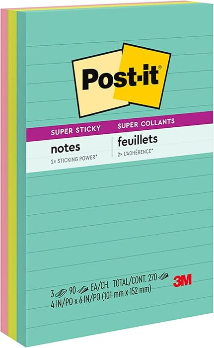 Post-it Super Sticky Lined Notes, 3 Sticky Note Pads, 4 x 6 in., School Supplies for Students, Id... | Amazon (US)