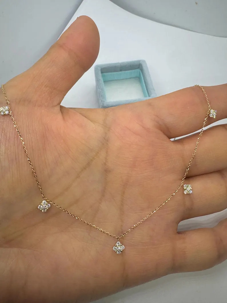 Dainty Diamond Necklace, Diamond by the yard Necklace, 14K Yellow Gold Diamond flower Necklace | Etsy (Global)