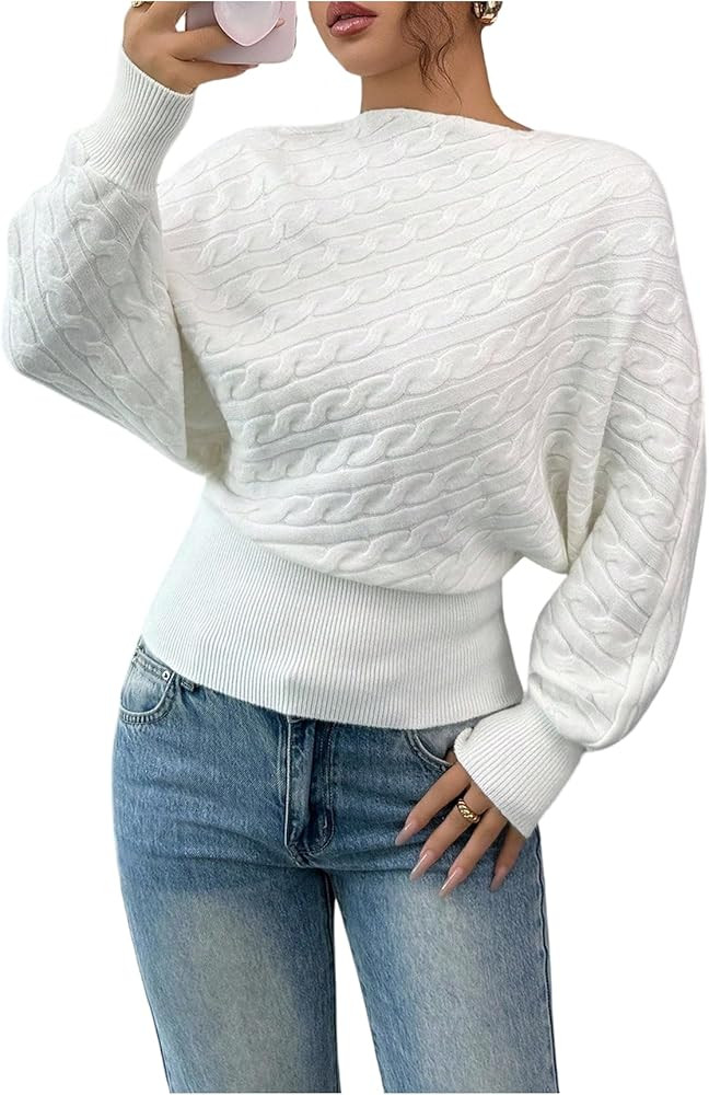 Verdusa Women's Cable Knit Sweaters Cinched Waist Tops Pullover Sweater Elegant Spring Fall Cloth... | Amazon (US)