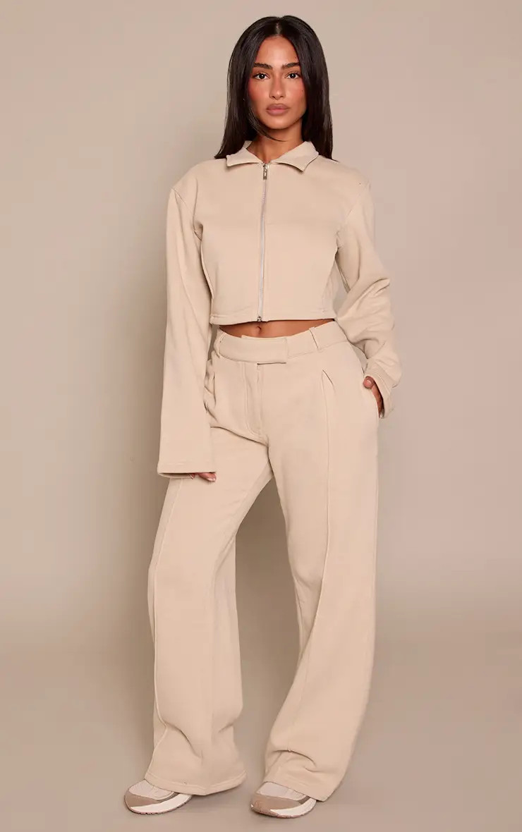 Petite Stone Tailored Seam Detail Wide Leg Joggers | PrettyLittleThing US