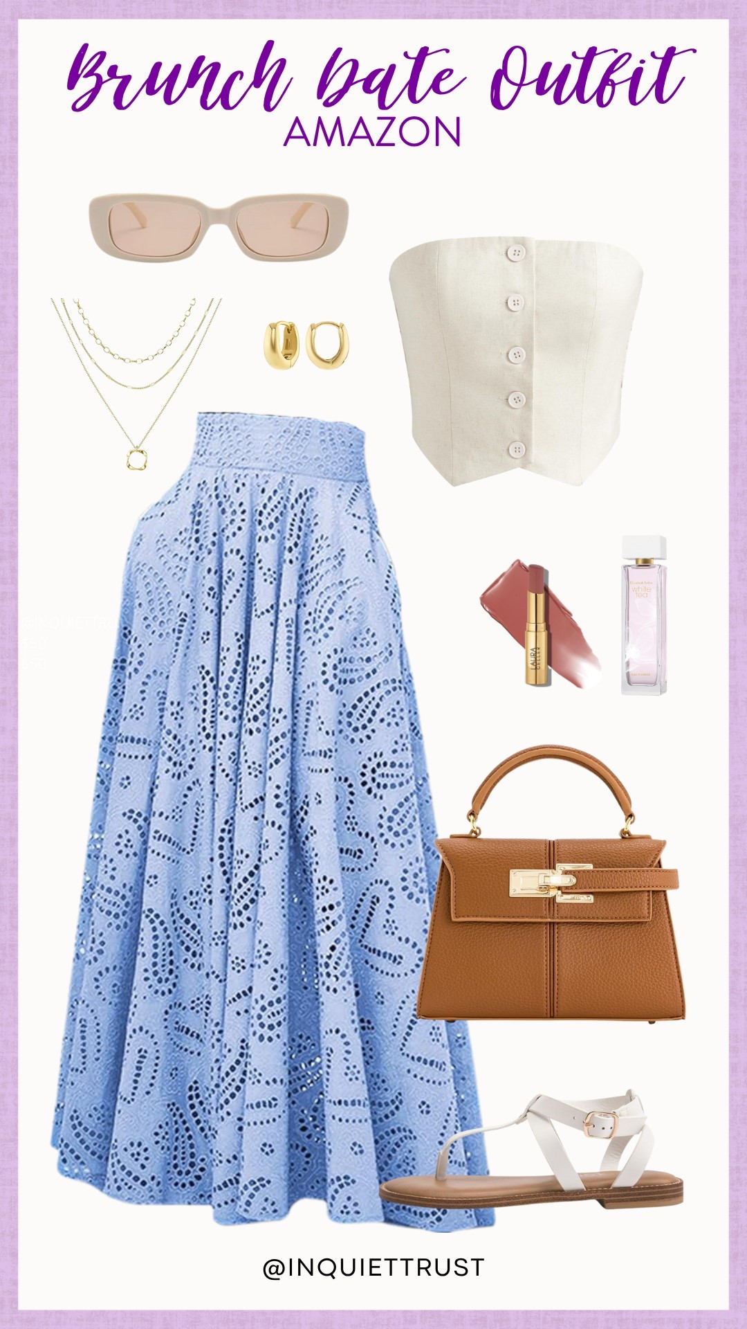 You're in for a lovely date out with this Amazon outfit for brunch! The delicate blue eyelet skirt, crisp white bustier, and classic brown bag create such a fresh and elegant look. 
#brunchlook #picnicvibes #summerfashion #daintyaccessories

#LTKStyleTip #LTKU #LTKSeasonal