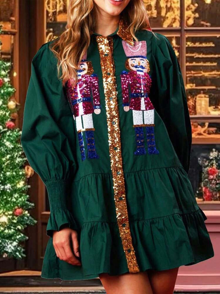 Women Sequin Christmas Swing Dress Sparkly Long Ruffle Sleeve Button Down Lapel Neck Shirt Dresse... | SHEIN