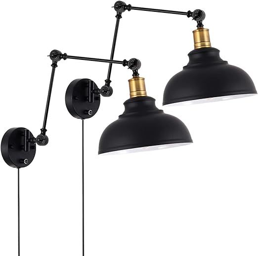 Larkar Dimmable Industrial Black Plug in Swing Arm Wall Lights with Switch Hard Wired for Bedroom... | Amazon (US)