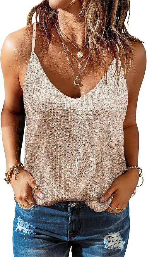 ANRABESS Womens Sequin Tank Tops Sparkle Glitter Shirts Sexy Party Shimmer Camisole Sleeveless V ... | Amazon (US)